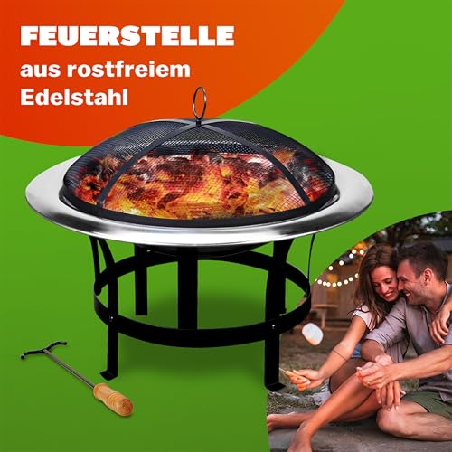 Feuersschale für den Garten 75cm mit Funkenschutz Schürhaken Feuerkorb Edelstahl Kamin Terrassenofen Außen Feuerstelle Grill Terrasse Ofen – Bild 4