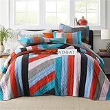 ADGAI 3 Stück Baumwolle Gesteppte Bettdecke Doppel Blau Rot Streifen Reversible Patchwork Bettwäsche-Sets King Size Quilt Coverlet mit 2 Pillowcase