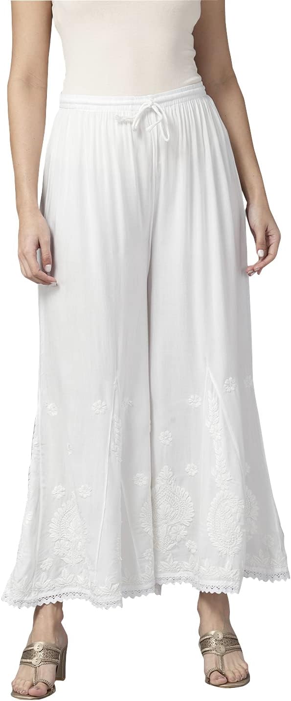 Handcrafted Indian Chikankari Women's Rayon White Flared Palazzo Sharara Pant A711171