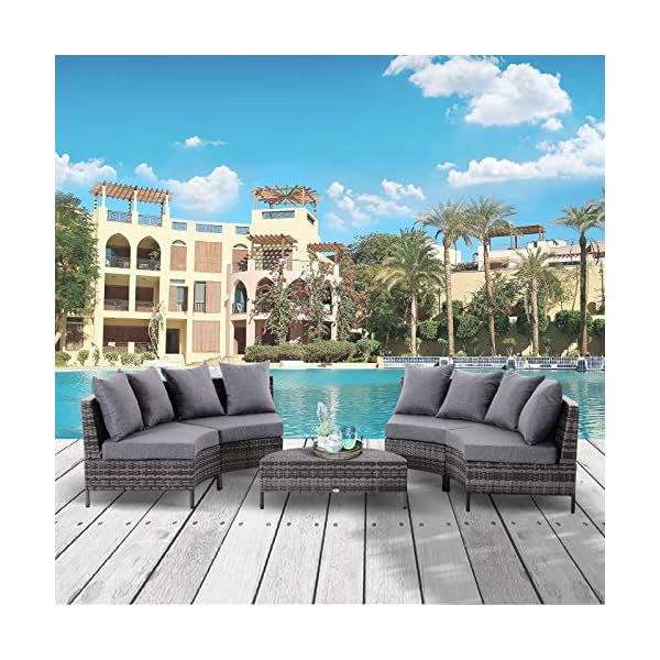 Outsunny Rattan Garden Furniture 4 Seaters Half-round Patio Outdoor Sofa & Table Set Wicker Weave Conservatory Cushioned Seat with Pillow - Grey - Image 3