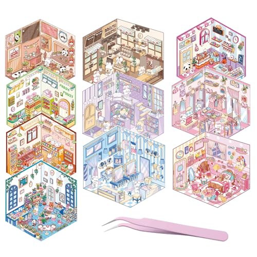 xolear 10 Set 3D House Stickers, Sticker Scene Book mit Pinzette, Miniature Scene Sticker Book, DIY 3D Haus Aufkleber, Cozy Kawaii Szenen Aufkleber Buch, Relief Stress für Erwachsene und Kinder
