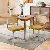 SoarFlash Sillas de Comedor Mid-Century Modernas, Respaldo de Rattan Tejido a Mano, Estructura Cantilever en Acero Cromado, Asiento Moelleux en Terciopelo, Set de 2, Amarillo
