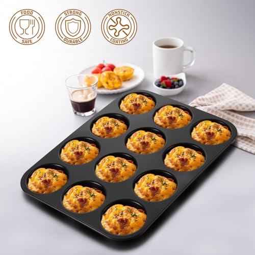 Image of E-far 12-Cavity Muffin Top Pan, 3 Inch Nonstick Shallow Cupcake Pan for Yorkshire Pudding, Eggs, Whoopie Pie, Cornbread, Easy Release & Clean, Standard Size, 2 Pack