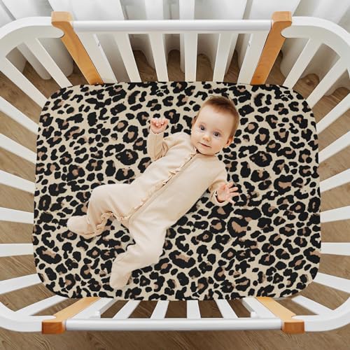 Image of CaTaKu Baby Crib Sheets Brown Leopard Animal Print Mini Crib Sheets Fitted for Girls Boys,Neutral Soft Toddler Mattress Bed Sheets for Crib,27 inchx 39 inch