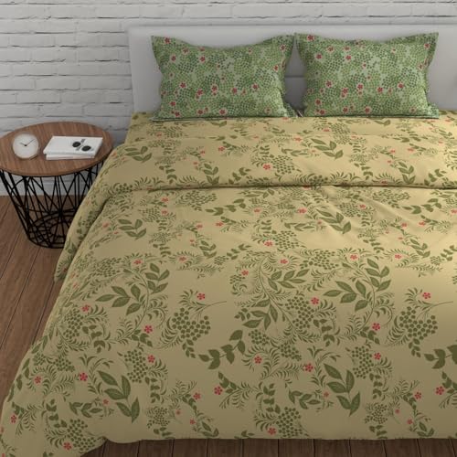 Image of Huesland by Ahmedabad Cotton 144 TC Elastic Bedsheets for King Size Bed with 2 Pillow Covers | Botanical Bliss | Vanilla & Green