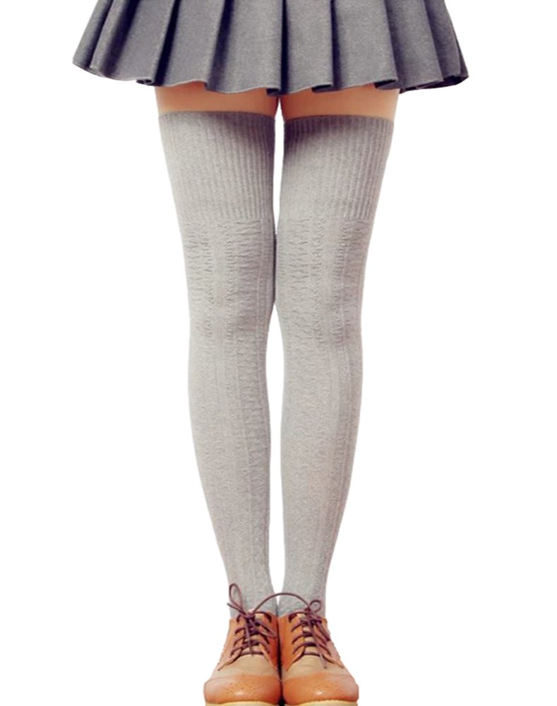 Lsharon Women's Light Grey Over The Knee Thigh High Stockings Soft Knit Crochet Sock Leggings (Light Grey)