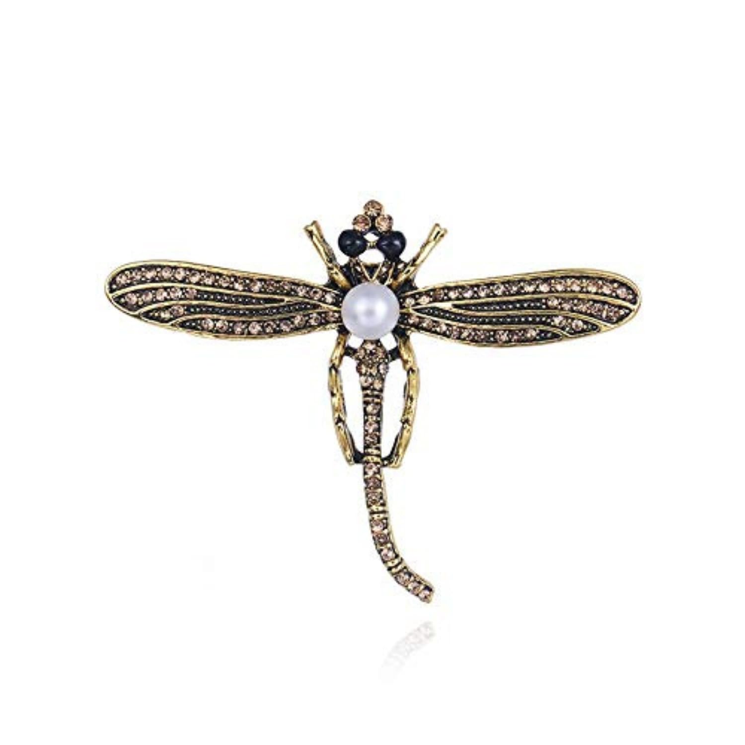 STRIPES® Essentials Dress Decoration Dragonfly Design Crystal and Pearl Bronze Colour Saree Pin/Coat Pin/Brooch for Unisex, Coat Dress Gown Shawl Wedding Bridal Butterfly Brooch pin for Women Girls,