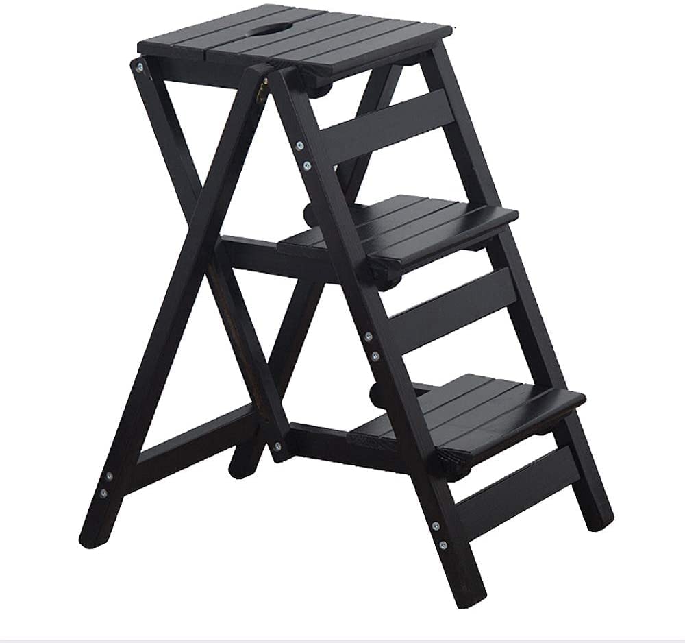 Step Stool, 4-Step or 3-Step Folding, Portable, Made of The Solid Wood, Three Color Available (3-Step Black)
