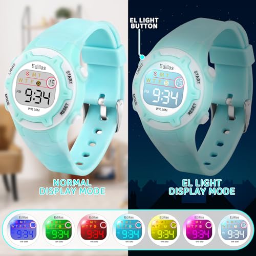edillas kids watches digital girls boys7 colors light wrist watch for child waterproof sport outdoor multifunctional watches with stopwatchalarm for ages 4-15