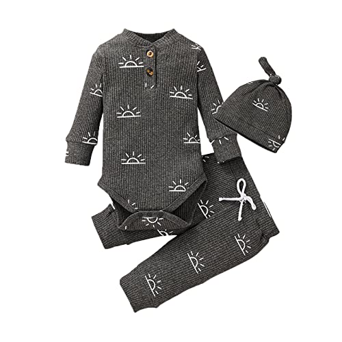 Image of Siracend Newborn Infant Baby Boy Clothes Print Long Sleeve Bodysuit + Pants + Hat 3 PCS Outfits Set
