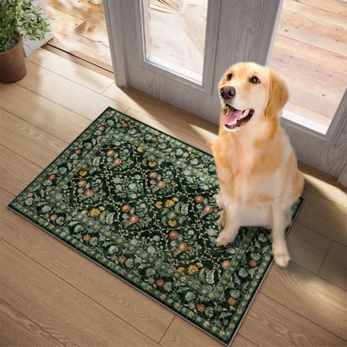 Image of Vintage Botanical Dark Green Entryway Rug, 2x3 Kitchen Rugs Non Slip Washable Boho Green Forest Design, Soft Door Mat Indoor Entrance, Ultra-Thin Easy Clean Small Throw Carpet for Bedroom Bathroom