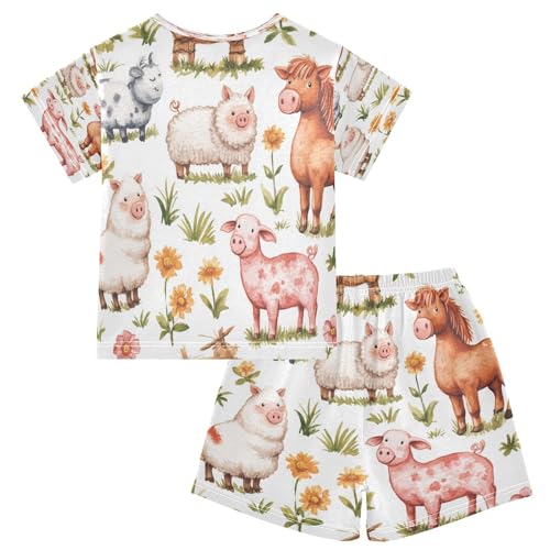 Pajama Sets Short Sleeve Farm Animals on Grass Soft Cotton Summer Sleepwear 2 Piece PJS Size 5-14T2