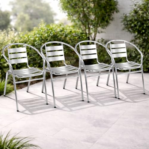 Mojawo 4 Stück Bistrostühle stabile Aluminium stapelbar Stapelstuhl Gartenstuhl Campingstuhl Alustuhl Balkonmöbel Gartensitzmöbel Silber Küchenstuhl