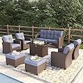 Vakollia 8 Pieces Patio Furniture Swivel Chairs Set with Fire Pit Table, Outdoor Wicker Glider Rocking Chairs with Sofa Set