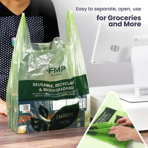 FMP Brands 100 Count Eco Biodegradable Plastic Grocery Bags with Handles, T-Shirt Thank You Shopping Bags, Reusable Plastic Shopping Bags Bulk for Small Business, Restaurant, Groceries, Supermarket