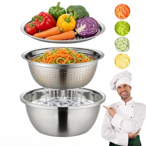 Germany Multifunctional Stainless Steel Basin - 4 in 1 Shredding & Drainage Chopping Basin with Strainer & Drain Basket for Vegetables Fruits & Rice Rinser (10.02inch)