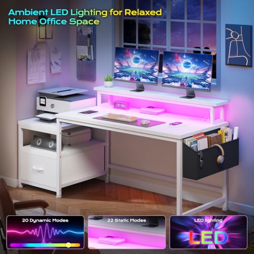 Image of EnHomee 56.5 inch Office Desk with Drawers & Printer Space for Home Work,White | Computer Desk with 3 AC Outlets& 2 USB Ports,Waterproof LED Strip Lights,Monitor Stand & Side Pockets,Home Office,Bedroom