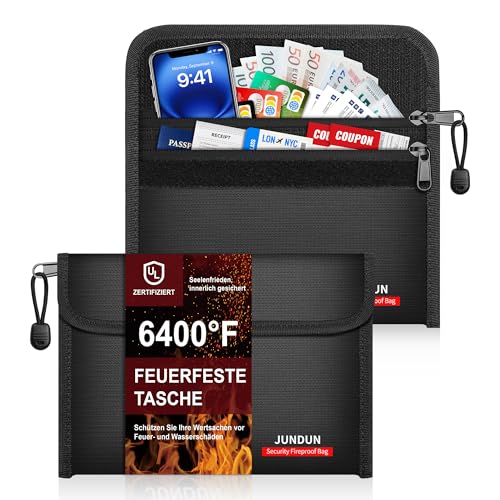 JUNDUN 2er Pack Feuerfeste Tasche(21,5x15cm, 6400℉), 12-lagige Wärmedämmung | Doppeltem Reißverschlussfach Feuerfest Geldtasche, Kleine Bargeldbeutel für Scheine, Bargeld, Quittung, Reisepass