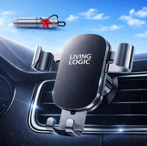 Soporte Móvil Coche Rejilla con Gancho Metálico, Soporte Teléfono Coche 360° con Una Mano, Porta Móvil Coche Universal Compatible iPhone y Android + Rompe Lunas y Corta Cinturón