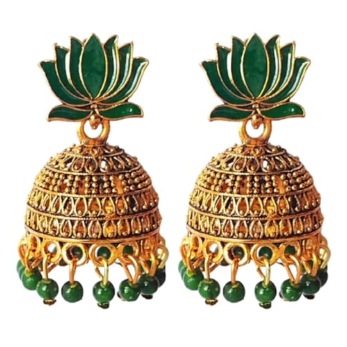 Image of OnlyKing Traditional Lotus Meenakari Jhumka Earrings for Women & Girls | Gold Color Oxidised Ethnic Floral Jhumki | Temple South Indian Style Ear rings Set | Stylish Trending Big Colorful Jhumkas (Available in 12 Colors)