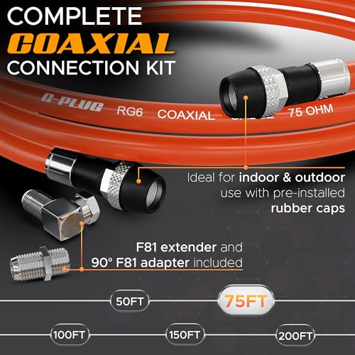 Image of G-PLUG RG6 Coaxial Cable 75FT - Triple Shielded, Waterproof, 75 Ohm with F-Type Connectors, High-Speed for HDTV, Satellite, Internet, Indoor /Outdoor Use