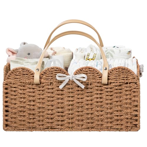 Image of HBlife Large Baby Diaper Caddy, Paper Rope Storage Baskets Nursery Bin with Removable Divider, Portable Car Organizer for Diapers, Baby Shower Gifts, Newborn Essentials Must Haves