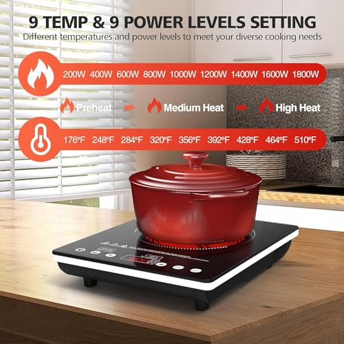 Image of Single Burner Electric Cooktop, 1800W Electric Stove Top Portable, Infrared Hot Plate 110v Plug in Countertop, Child Safety Lock, Timer, 9 Power Level, Compatible for All Cookware, Induction Cookotp