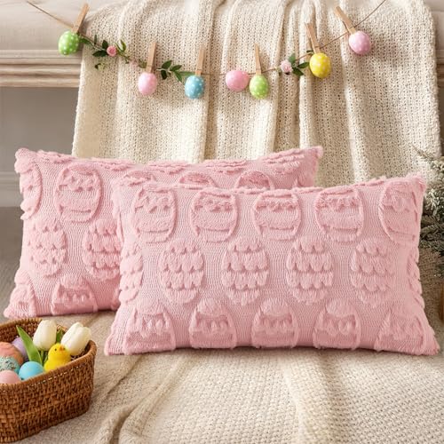 Image of decorUhome Easter Pink Egg Pillow Covers 12x20 Inch Set of 2, Soft Plush Faux Wool Jacquard Cushion Covers, Farmhouse Neutral Fuzzy Spring Easter Holiday Decor for Couch Sofa Bed