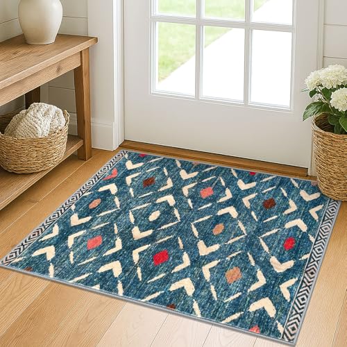 KILOCOCO Small Rug 2'x3' Entryway Rug Printed Moroccan Indoor Door Mat Machine Washable Non Slip Soft Throw Rugs for Bedroom Kitchen Entrance Geometric Boho Rugs, Teal/Blue