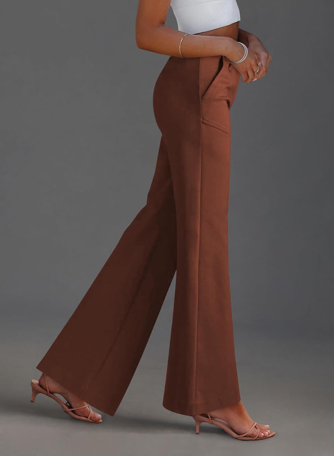 miduo Womens Solid Stretchy Buttons Wide Leg Straight Leg Long Flare Pants Trousers with Pockets - Image 3