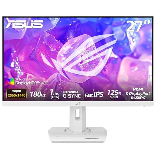 Image of ASUS ROG Strix 27 inch Gaming Monitor, IPS QHD (2560 x 1440), 180Hz, 1ms, 133% sRGB, NVIDIA G-Sync, HDR400, ELMB Sync, Anti-Glare, VESA Mountable, USB-C, 1xDisplayPort1.4, 1xHDMI 2.0, Tripod Socket, White