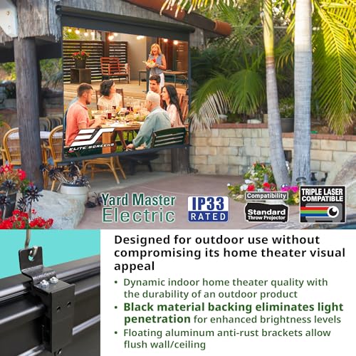 Image of Elite Screens Yard Master Electric 100 inch Outdoor Motorized Projector Screen with RF Remote, IP33 Rain Protection, 4K /8K Ultra HD HDR Ready Backyard Patio Movie Screen - OMS100H-ELECTRIC