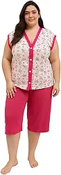Pijama Feminino Plus Size Pescador Estampa Floral Manga Curta Botão Gola V Bermuda Conjunto Dormir
