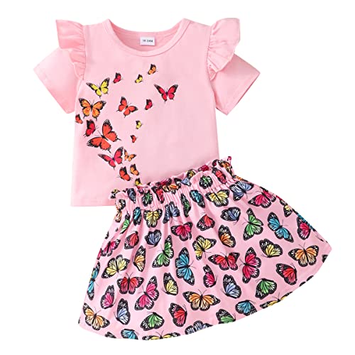 Image of Akyzic Little Girl Skirt Outfit Two Piece Spring Summer Outfit Butterfly Dress Cat Print Skirt Toddler Girl Outfit Set