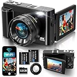 Fotocamera Digitale 4K con WiFi 64MP Macchina Fotografica Digitale con Schermo 3' 180° Flip, Schede da 32 GB, 2 Batterie, Zoom Digitale 16X, Autofocus, Anti-Shake per Adolescenti, Adulti, Principianti