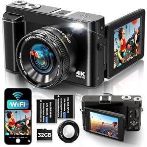 Digitalkamera 4K mit WiFi 64MP Kompakte Digitalkamera mit 3" 180° Flip-Bildschirm, 32GB Karte, 2 Akkus, 16X Digitalzoom, Autofokus, Anti-Shake, Ideal für Teens, Anfänger, Vlogging, Reisen