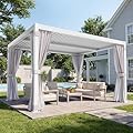 MELLCOM Louvered Pergola 10x12, Outdoor Rustproof Shelter with Adjustable Roof, Aluminum Gazebo with Waterproof Curtains and Netting for Patio Deck, White