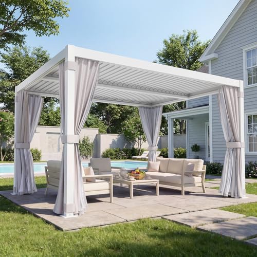 MELLCOM Louvered Pergola 10x12, Outdoor Rustproof Shelter with Adjustable Roof, Steel Aluminum Gazebo with Waterproof Curtains and Netting for Patio Deck, White