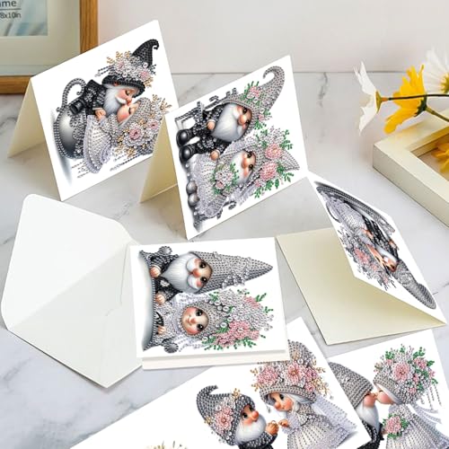 Image of AiYuanzsh Set of 6 Gnome Diamond Painting Greeting Cards - 5D DIY Craft Kits for Handmade Bride and Groom Cards, Perfect for Wedding Gifts and Anniversaries