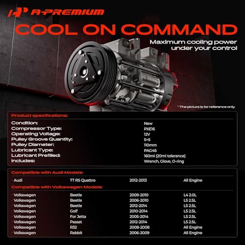 Image of A-Premium Air Conditioner AC Compressor with Clutch | Compatible with Volkswagen Jetta 2005-2012 2014-2016, Passat 2012-2014, Golf 2010-2014, Beetle Rabbit & Audi TT RS Quattro