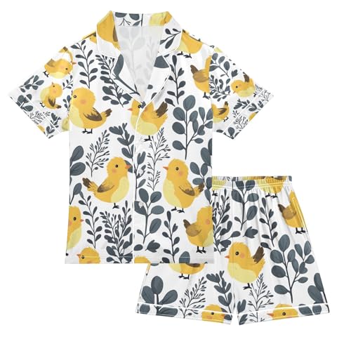 senya Cute Chicken Plant Satin Summer Pajama Sets Silk Short Sleeve Button Down Sleepwear