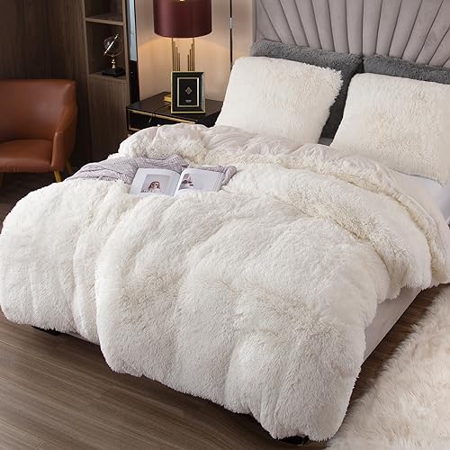 EMME Plüsch Bettwäsche Set 135x200cm Biber Flauschige Bettdecke Set für Bett Shaggy und Plüsch weiche Bettwäsche Bettbezüge und 1 Kissenbezug 80x80cm, Weiß