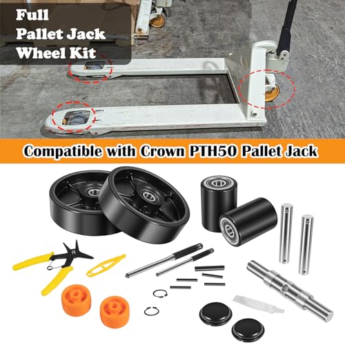 Image of Fit for Crown PTH50 Pallet Jack /Truck Full Wheel Replacement Kit, Pair Steering Wheels 7 inch x 2 inch, Pair Front Load Roller 2.76 inchx 3.74 inch, with Pre-Installed Bearings, Axles, PU Tread, Pins, Entry Roller