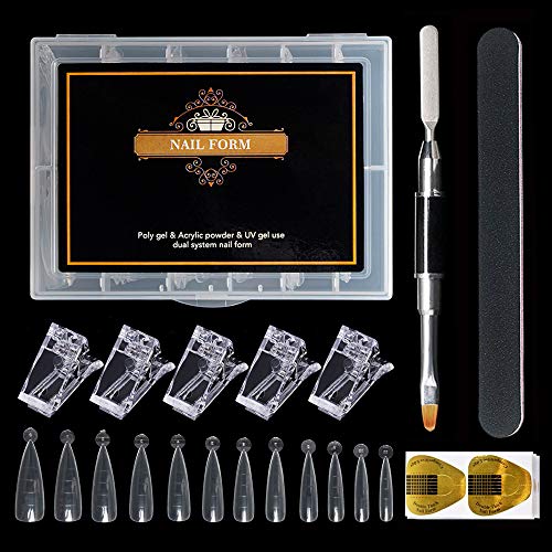 Dual Nail Forms - Buqikma 120PCS Stiletto Gel Nail Mold Kit Dual System 100PCS Nail Form Stickers, 5PCS Clear Nail Clips, Dual-Ended Nail Brush and Nail File for Nail Art Salon
