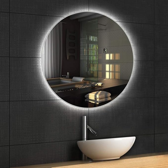 Image of Backlit Round LED Mirror 3 Color Lights, Anti-Fog, Dimmable, Memory Function for Bathroom Vanity (90X90 CM)