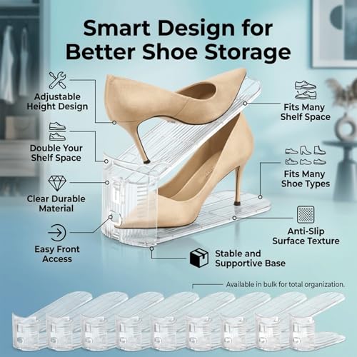 14 Pack Shoe Slot Organizer Space Saver, Adjustable 3-Height Levels Shoe Stacker for Closet Storage, Double-Layer Shoe Slots Rack Holder for Sneakers, Heels & Flats