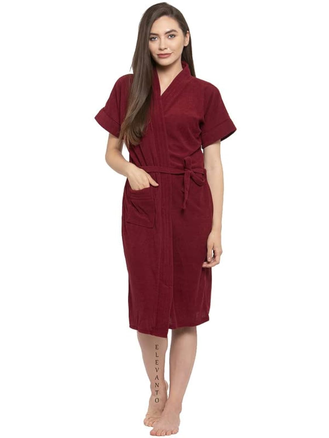 (MEHROON) PREMIUM DRY TECH TERRY MATERIAL HALF SLEEVE WITH FRONT POCKET BATHROBE FOR WOMENS