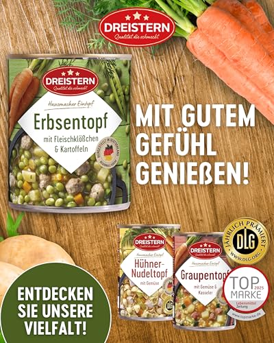 DREISTERN Erbsentopf 800g I Mit Fleischbällchen & Kartoffeln I Herzhafter Eintopf in recyclebarer Konservendose I Lange Haltbarkeit dank natürlicher Konservierung I Hausmacher Qualität