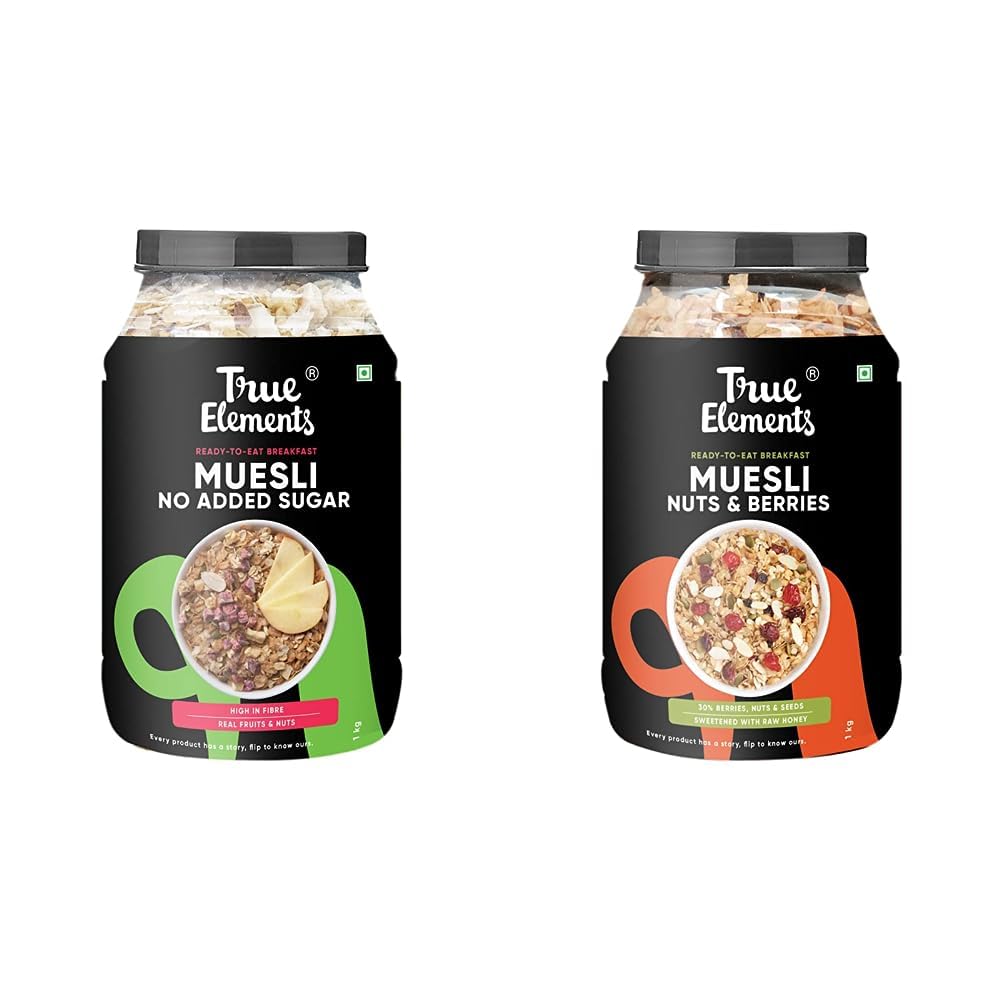 True Elements Muesli No Added Sugar 1kg - Sugar Free | With 26% Millets | 100% Wholegrain | Breakfast Cereal | Diet Food & True Elements Nuts & Berries Muesli 1kg-image-2