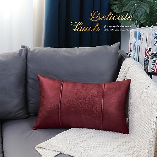 Image of BRAWARM Burgundy Leather Throw Pillow Covers 12 X 20 Inches - Faux Leather Lumbar Pillow Cover with Piping, Hand Stitched Leather Throw Pillow for Couch Sofa Bed Living Room Home Decorative